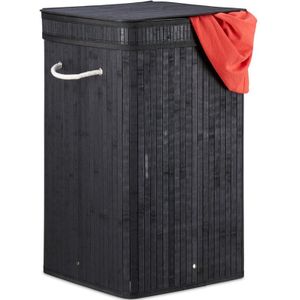 opvouwbare wasmand bamboe - 70 l - deksel - 63 x 36 x 36 cm - zwart