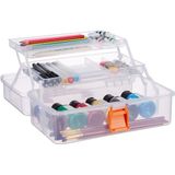 Relaxdays opbergbox - 9 vakjes - naaikoffer - gereedschapskist - knutselspullen - 14x33x19,5 cm - transparant-oranje