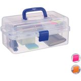 Relaxdays opbergbox - 9 vakjes - naaikoffer - gereedschapskist - knutselspullen - 14x33x19,5 cm - transparant-oranje