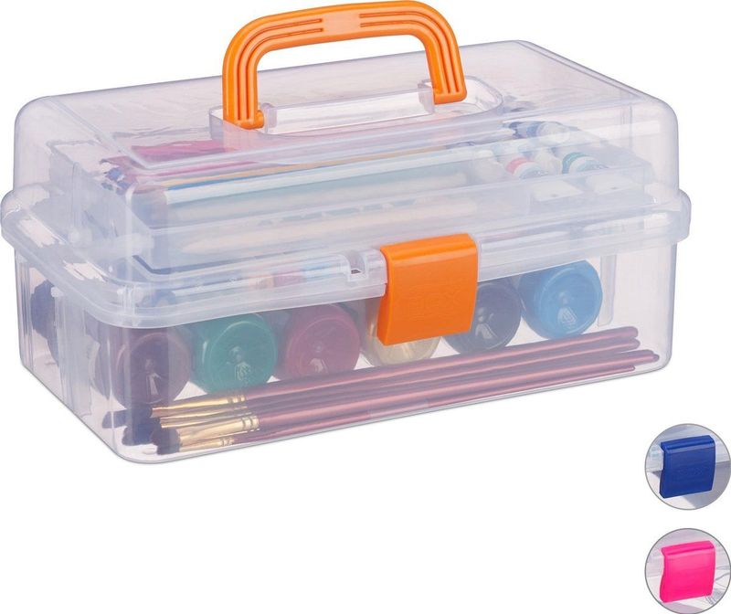 Relaxdays opbergbox - 9 vakjes - naaikoffer - gereedschapskist - knutselspullen - 14x33x19,5 cm - transparant-oranje