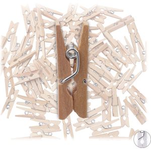 Relaxdays mini houten wasknijpers - set van 100 - retro sierknijpers - klein - ook om te knutselen - natuur
