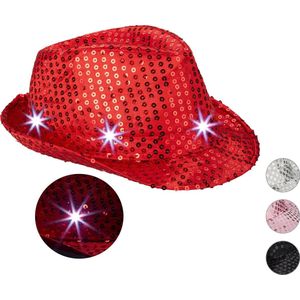 Relaxdays pailletten hoed, 6 knipperende LEDs, one size, feesthoed glitter, carnaval, partyhoed, fedora hoed, rood