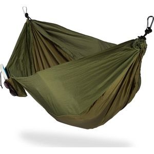 Relaxdays hangmat outdoor, voor 2 personen, tot 200 kg, heel licht, BxD: 152 x 255 cm, op reis, camping, donkergroen
