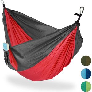 Relaxdays hangmat outdoor, voor 2 personen, tot 200 kg, heel licht, BxD: 152 x 255 cm, op reis, camping, rood-grijs