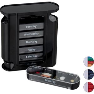 Relaxdays pillendoos - 7 dagen - 4 vakken - opschrift in het Engels - medicatiedoos - zwart