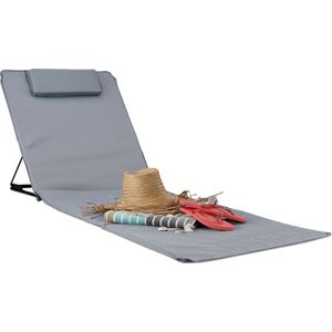 Relaxdays strandmat xxl met kussen - gepolsterde strandstoel - opvouwbaar - draagtas - grijs