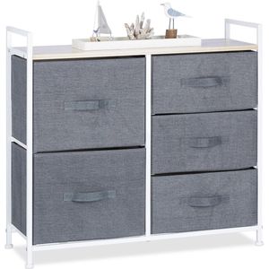 Relaxdays bijzetkast - 5 stoffen manden - metalen frame - 77,5 x 83 x 29 cm - slaapkamer - grijs