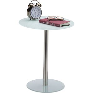 Relaxdays bijzettafel, van glas en roestvrij staal, ronde salontafel, koffietafel, HBD 53 x 43 x 43 cm, wit