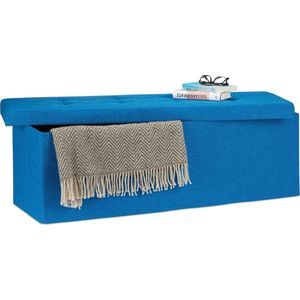 Relaxdays Opvouwbare Opbergbank XXL - Trendy Linnen Zitbank met Opbergruimte - Blauw - HBD 38 x 114 x 38 cm