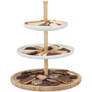 Relaxdays etagère bamboe - meerdere lagen - keramiek - serveerschaal - fruitschaal - wit - 3