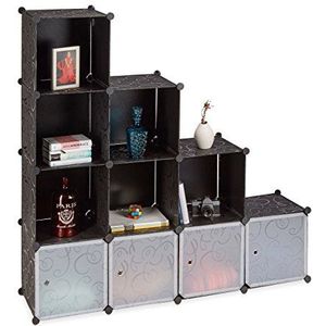 Relaxdays Trapvormige boekenkast zwart, kunststof, plankensysteem insteekstelling, groot, 10 vakken, DIY, zwart