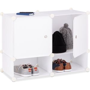 relaxdays vakkenkast 4 vakken - kast met 2 deuren - klikverbinding - schoenenrek klein wit