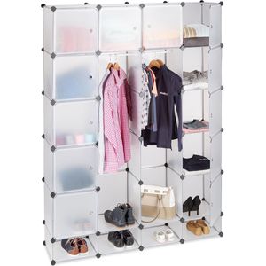 Relaxdays kledingkast kliksysteem, 18 vakken, met deur, 145 x 200 cm, kunststof garderobekast, linnenkast, transparant