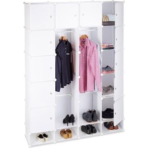 Relaxdays kledingkast kliksysteem, 18 vakken, 145 x 200 cm, XXL kunststof garderobekast, grote linnenkast, wit