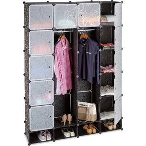 Relaxdays kledingkast kliksysteem, 18 vakken, 145 x 200 cm, met patroon, kunststof garderobekast, linnenkast, zwart