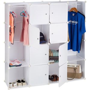 Relaxdays kledingkast steeksysteem, 12 vakken, kunststof, HxB 145,5 x 145,5 cm, garderobekast, in het wit