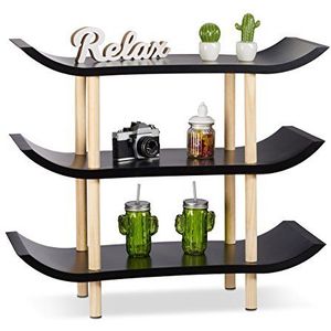 Relaxdays Staand rek met 3 niveaus, decoratief rek met Aziatische flair, houten plank, zwart, 71 x 83 x 32 cm