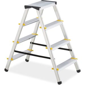 Relaxdays huishoudtrap - aluminium - 4 treden - 81,5 x 43,5 x 78 cm - tot 150 kg - dubbel oploopbaar - zilver