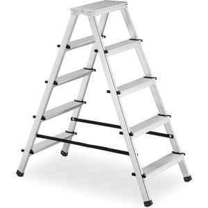 Relaxdays Trapladder inklapbaar, 5 treden, aluminium trapladder, ladder tot 125 kg, HBT: 102,5 x 45,5 x 92 cm, zilver