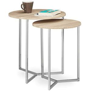 Relaxdays Bijzettafel ronde set van 2, woonkamertafel houten tafelblad, 3 metalen poten, verchroomd, D: 50 en 40 cm, natuur