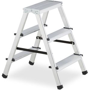 Relaxdays Aluminium vouwladder met 3 treden, ladder tot 125 kg, 60 x 41 x 57,5 cm (h x b x d), zilverkleurig
