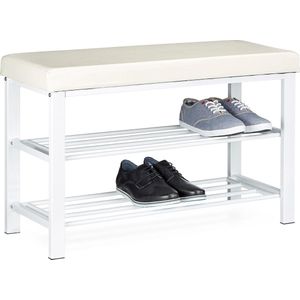 Relaxdas schoenenbank met zitkussen, open, 6-8 paar schoenen, schoenenrek metaal, kunstleer, HxBxD 49x81x31 cm, wit