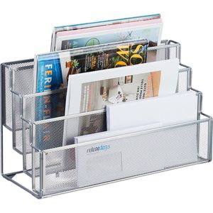 Relaxdays tijdschriftenhouder metaal - 4 vakken - brievenbak bureau - 26 x 45 x 18 cm