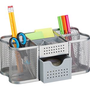 Relaxdays Bureau-organizer met pennenhouder en lade, metaal, 10 x 23,5 x 11,5 cm, zilver