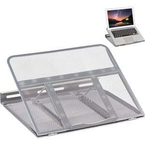 Relaxdays laptopstandaard, opvouwbaar, houder voor notebook & tablet, tot 14 inch, 7 hoeken, staal, mesh design, zilver