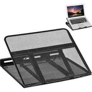 Relaxdays laptopstandaard, opvouwbaar, houder voor notebook & tablet, tot 14 inch, 7 hoeken, staal, mesh design, zwart