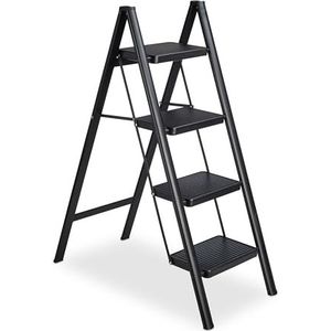 Relaxdays Vouwladder met 4 treden, lichte stalen ladder, belastbaar tot 120 kg, 109 x 42 x 84 cm, zwart
