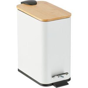 Badkamer Prullenbak - Wit - 5 L - Binnenemmer - Metaal - Met Bamboe Deksel