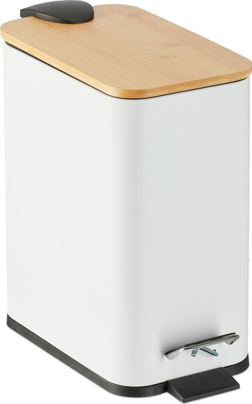 Badkamer Prullenbak - Wit - 5 L - Binnenemmer - Metaal - Met Bamboe Deksel