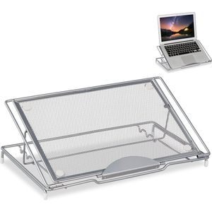 Relaxdays laptopstandaard, inklapbaar, houder voor notebook & tablet, tot 14 inch, 3 hoeken, mesh design, staal, zilver