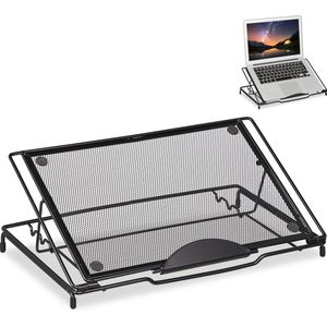 Relaxdays laptopstandaard, inklapbaar, houder voor notebook & tablet, tot 14 inch, 3 hoeken, mesh design, staal, zwart