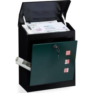 Relaxdays brievenbus groot - wandbrievenbus afsluitbaar - A4 formaat - staal - postbus - zwart-groen