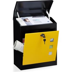 Relaxdays brievenbus muur - staal - met slot - 53 x 43,5 x 26 cm - groot - zwart-geel