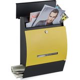 Relaxdays brievenbus met krantenrol - met slot - 45 x 35 x 11 cm - staal - poedercoating - zwart-geel