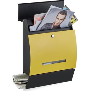 Relaxdays brievenbus met krantenrol - met slot - 45 x 35 x 11 cm - staal - poedercoating - zwart-geel