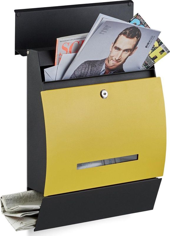 Relaxdays brievenbus met krantenrol - met slot - 45 x 35 x 11 cm - staal - poedercoating - zwart-geel