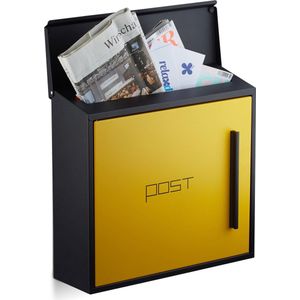 Relaxdays brievenbus - met slot - modern - staal - 33 x 35 x 12,5 cm - groot - zwart-geel