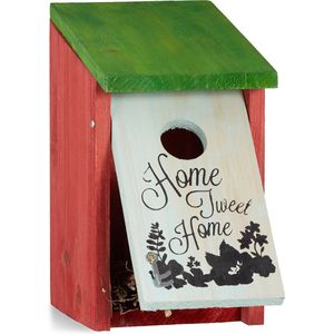 Relaxdays vogelhuisje hangend, kleine tuinvogels, HOME TWEET HOME, hout, decoratie, HBD: 21,5 x 12 x 15,2 cm, rood-groen