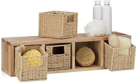 Relaxdays wandrek - walnotenhout - met uitneembare manden - 61,5 cm breed - 4 vakken - natuur