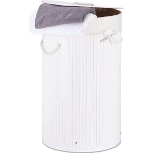 Relaxdays wasmand bamboe - 70 l - opvouwbaar - met deksel en katoenen waszak - Ø 41 cm - wit