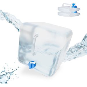 Relaxdays opvouwbare jerrycan, set van 3, 20 liter, waterzak met kraantje, BPA-vrij, voedselveilig, transparant/blauw