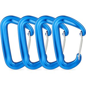 Relaxdays karabijnhaken, set van 4, aluminium, musketons, tot 1700 kg, sleutelhanger, voor hangmatten, blauw