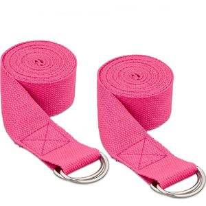Relaxdays yogariem set van 2, 250 x 3,8 cm, yogaband, beginners en gevorderden, met gesp, katoen, roze