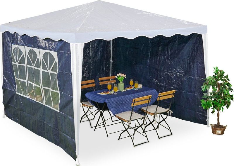 Seitenteile für Pavillon, 3er Set, 2x3 m, wasserdicht, Seitenwände mit Klettverschluss, pe, mit Fenster, blau - Relaxdays