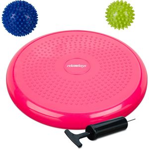 Relaxdays wiebelkussen met 2 massageballen - balanskussen - 2 egelballen - 32 cm - noppen - roze