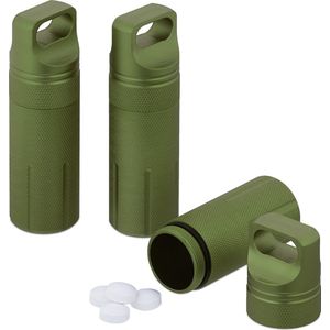 Relaxdays pillenkoker set van 3 - waterdichte capsule - reis pillendoosje - aluminium - 9,5x3 cm - groen